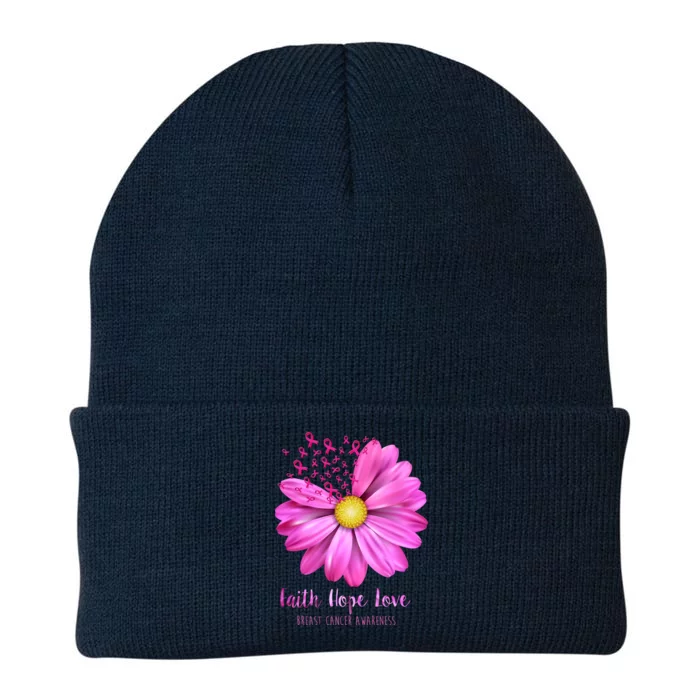 Faith Hope Love Breast Cancer Awareness Ribbon Floral Knit Cap Winter Beanie