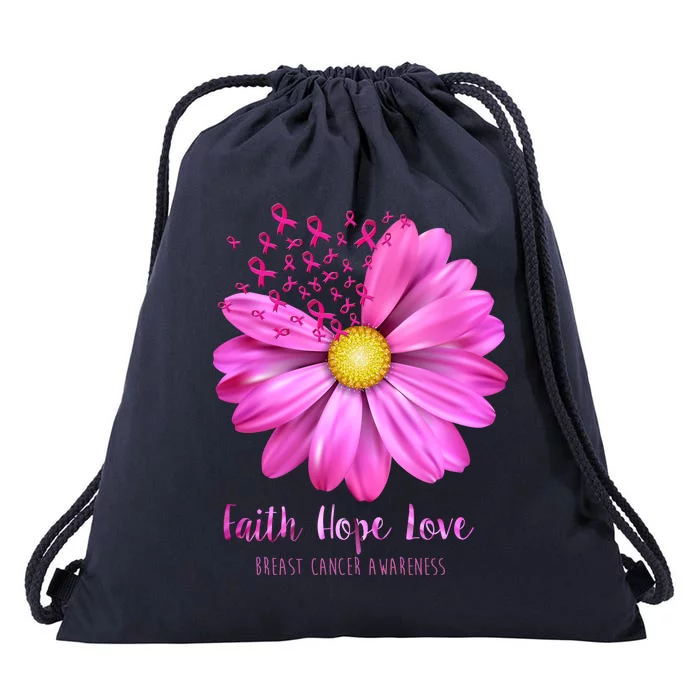 Faith Hope Love Breast Cancer Awareness Ribbon Floral Drawstring Bag