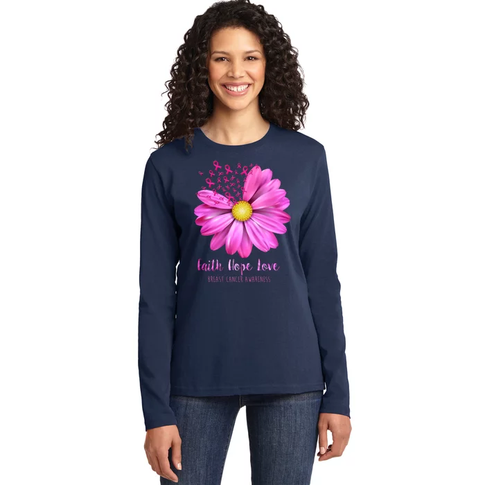 Faith Hope Love Breast Cancer Awareness Ribbon Floral Ladies Long Sleeve Shirt