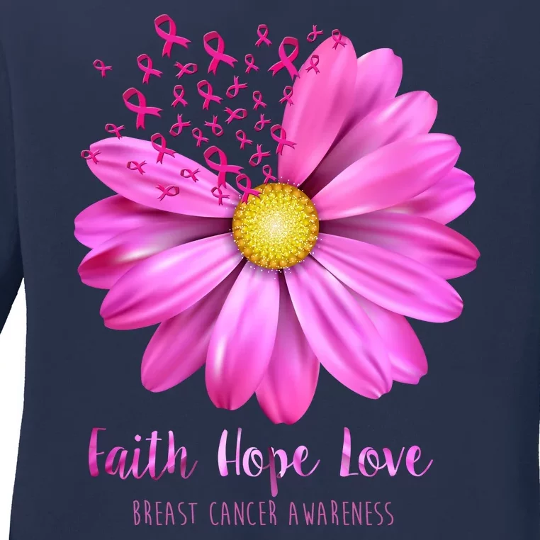 Faith Hope Love Breast Cancer Awareness Ribbon Floral Ladies Long Sleeve Shirt