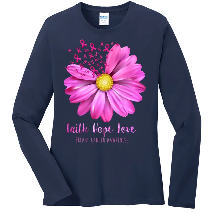 Faith Hope Love Breast Cancer Awareness Ribbon Floral Ladies Long Sleeve Shirt