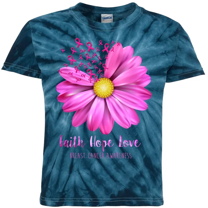 Faith Hope Love Breast Cancer Awareness Ribbon Floral Kids Tie-Dye T-Shirt