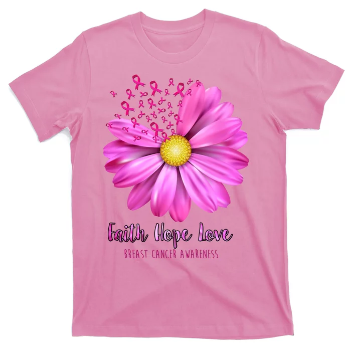 Faith Hope Love Breast Cancer Awareness Ribbon Floral T-Shirt