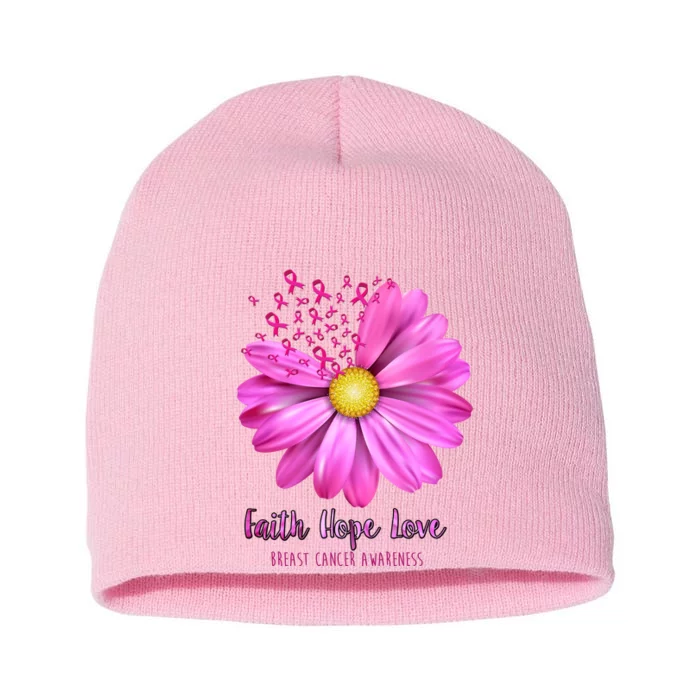 Faith Hope Love Breast Cancer Awareness Ribbon Floral Short Acrylic Beanie