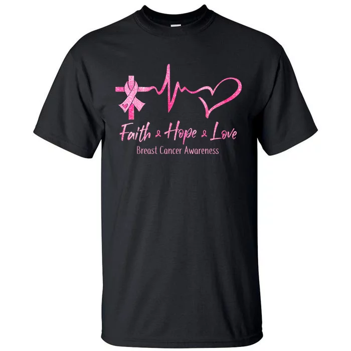 Faith Hope Love Breast Cancer Awareness Ribbon Heartbeat Tall T-Shirt