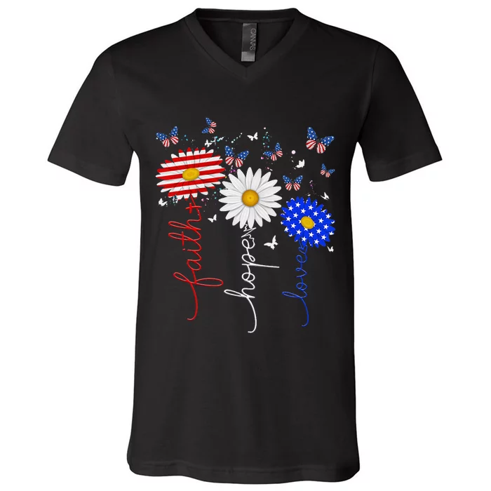 Faith Hope Love Butterfly Daisy 4th Of July Christians God V-Neck T-Shirt