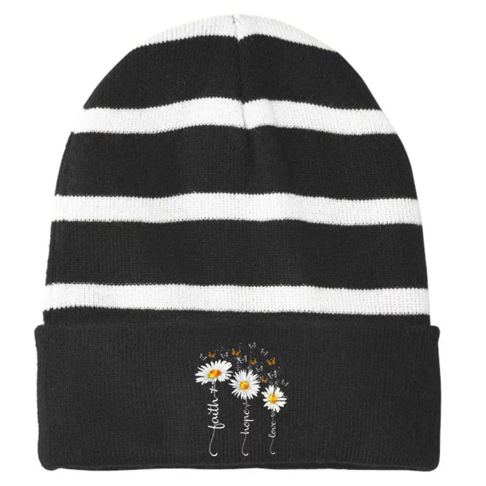 Faith & Hope & Love Butterfly Daisy Chirstian God Religious Striped Beanie with Solid Band