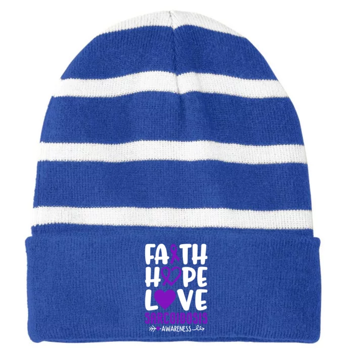 Faith Hope Love Sarcoidosis Awareness Ribbon Heart Purple Gift Striped Beanie with Solid Band