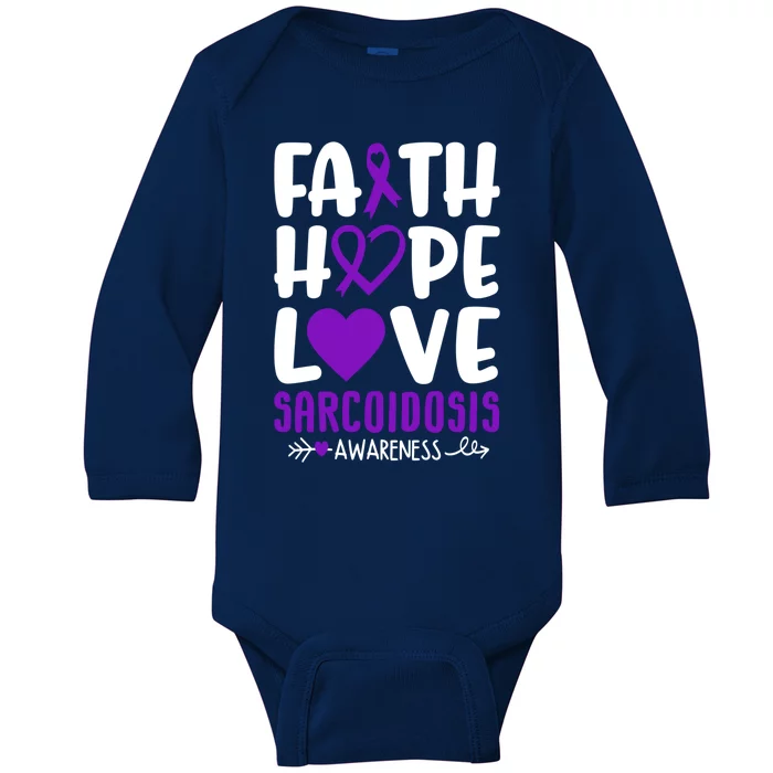 Faith Hope Love Sarcoidosis Awareness Ribbon Heart Purple Gift Baby Long Sleeve Bodysuit