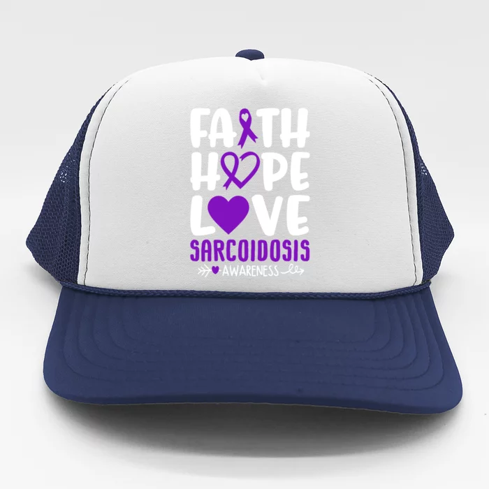 Faith Hope Love Sarcoidosis Awareness Ribbon Heart Purple Gift Trucker Hat