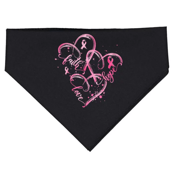 Faith Hope Love Pink Ribbon Breast Cancer Awareness Heart USA-Made Doggie Bandana