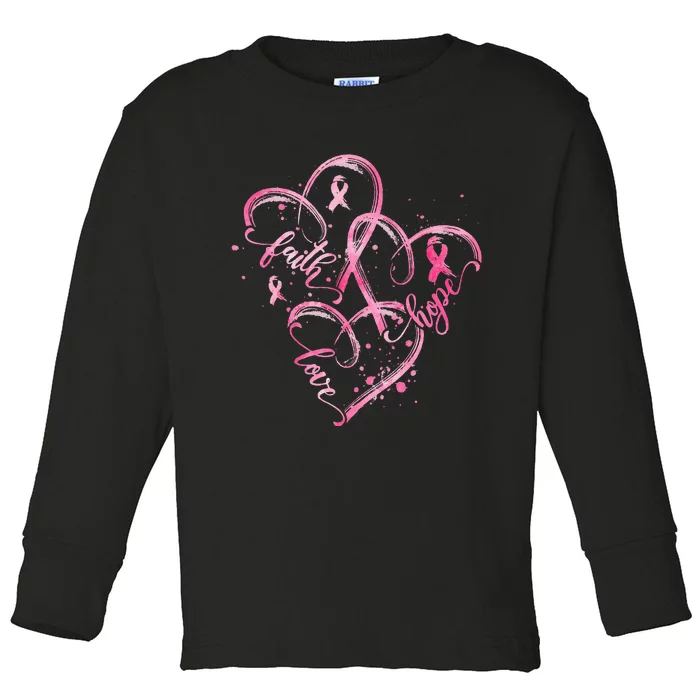 Faith Hope Love Pink Ribbon Breast Cancer Awareness Heart Toddler Long Sleeve Shirt