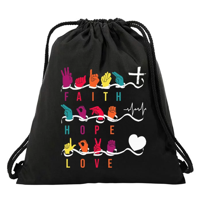 Faith Hope Love Asl American Sign Language Drawstring Bag