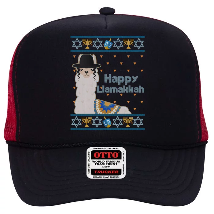 Funny Happy Llamakkah Ugly Hanukkah Sweater High Crown Mesh Trucker Hat