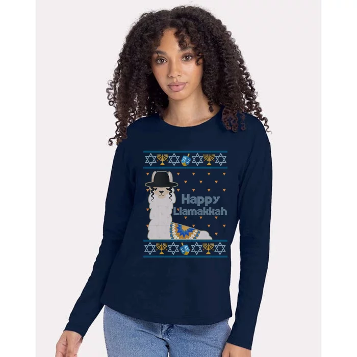 Funny Happy Llamakkah Ugly Hanukkah Sweater Womens Cotton Relaxed Long Sleeve T-Shirt