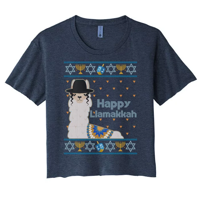 Funny Happy Llamakkah Ugly Hanukkah Sweater Women's Crop Top Tee