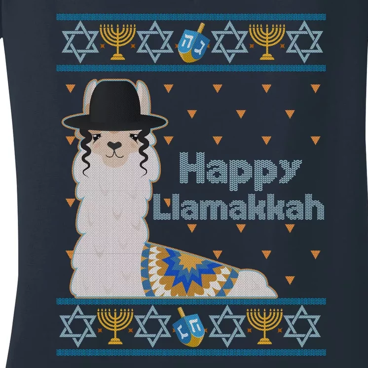 Funny Happy Llamakkah Ugly Hanukkah Sweater Women's V-Neck T-Shirt