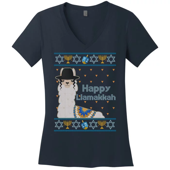 Funny Happy Llamakkah Ugly Hanukkah Sweater Women's V-Neck T-Shirt