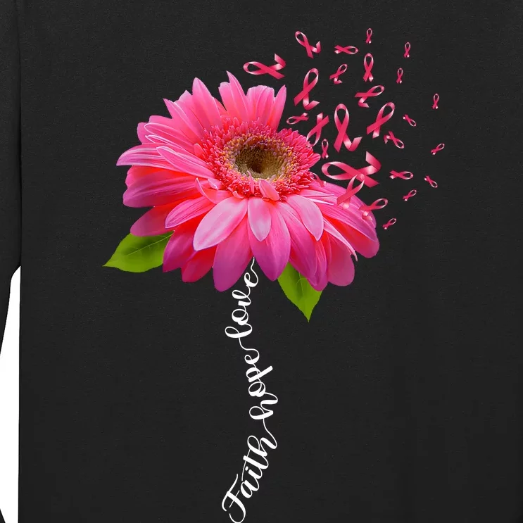 Faith Hope Love Pink Ribbon Daisy Flower Breast Cancer Long Sleeve Shirt