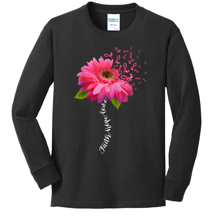 Faith Hope Love Pink Ribbon Daisy Flower Breast Cancer Kids Long Sleeve Shirt