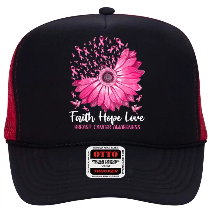 Faith Hope Love Flower Pink Ribbon Breast Cancer Awareness High Crown Mesh Trucker Hat