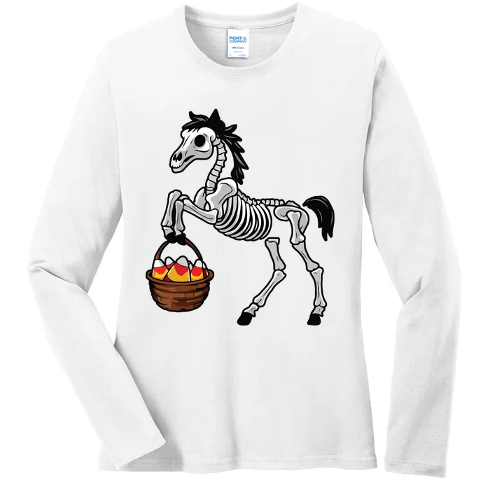 Funny Horse Lover Halloween Skeleton Spooky Candy Corn Ladies Long Sleeve Shirt