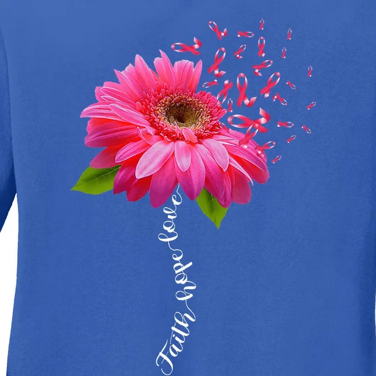 Faith Hope Love Pink Ribbon Daisy Flower Breast Cancer Ladies Long Sleeve Shirt