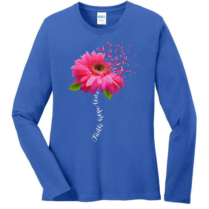 Faith Hope Love Pink Ribbon Daisy Flower Breast Cancer Ladies Long Sleeve Shirt