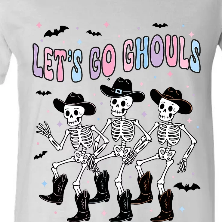 Funny Halloween Lets Go Ghouls Dancing Skeleton Ghost Outfit V-Neck T-Shirt