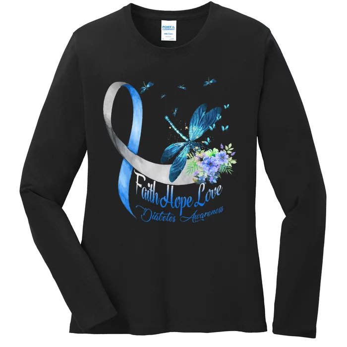 Faith Hope Love Floral Butterfly T1D Diabetes Awareness Ladies Long Sleeve Shirt