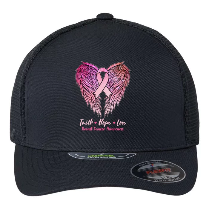 Faith Hope Love Breast Cancer Awareness Winged Pink Ribbon Flexfit Unipanel Trucker Cap