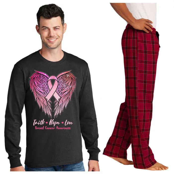 Faith Hope Love Breast Cancer Awareness Winged Pink Ribbon Long Sleeve Pajama Set