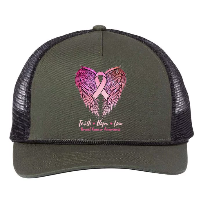 Faith Hope Love Breast Cancer Awareness Winged Pink Ribbon Retro Rope Trucker Hat Cap