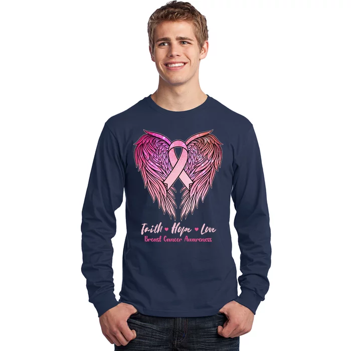 Faith Hope Love Breast Cancer Awareness Winged Pink Ribbon Long Sleeve Shirt