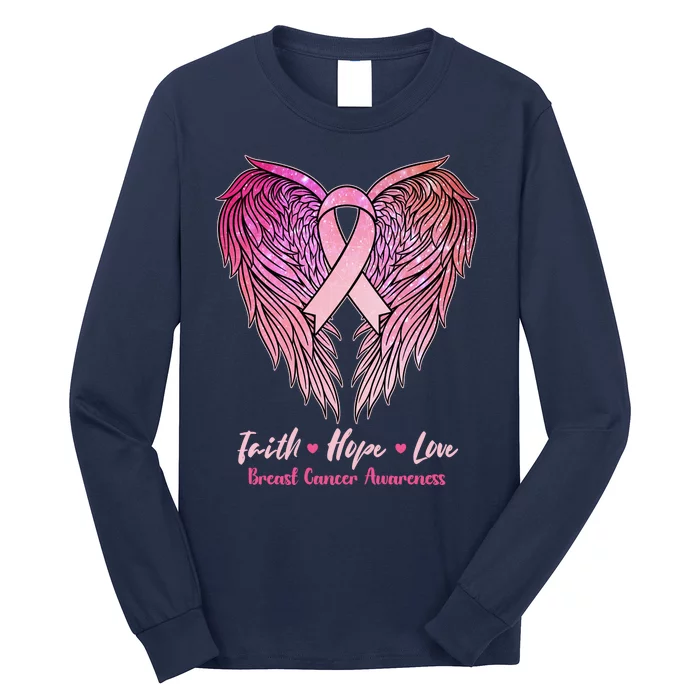 Faith Hope Love Breast Cancer Awareness Winged Pink Ribbon Long Sleeve Shirt