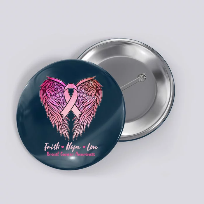 Faith Hope Love Breast Cancer Awareness Winged Pink Ribbon Button