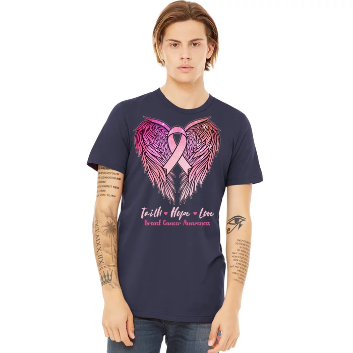 Faith Hope Love Breast Cancer Awareness Winged Pink Ribbon Premium T-Shirt