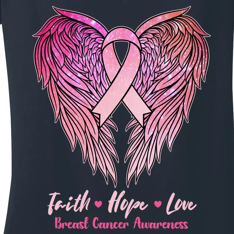 Faith Hope Love Breast Cancer Awareness Winged Pink Ribbon Women's V-Neck T-Shirt