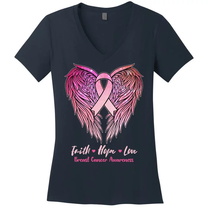 Faith Hope Love Breast Cancer Awareness Winged Pink Ribbon Women's V-Neck T-Shirt