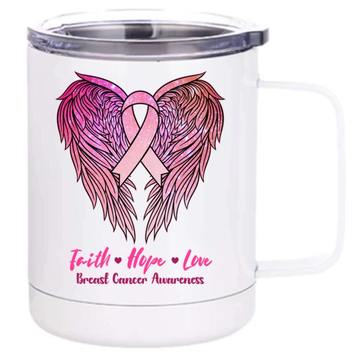 Faith Hope Love Breast Cancer Awareness Winged Pink Ribbon Front & Back 12oz Stainless Steel Tumbler Cup