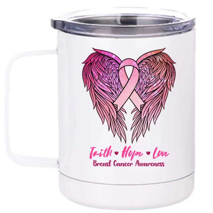 Faith Hope Love Breast Cancer Awareness Winged Pink Ribbon Front & Back 12oz Stainless Steel Tumbler Cup