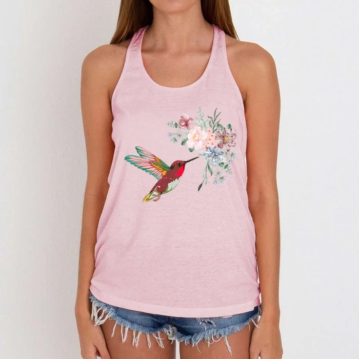 Flowers Hummingbird Lover Vintage Nature Hummingbird Cool Gift Women's Knotted Racerback Tank