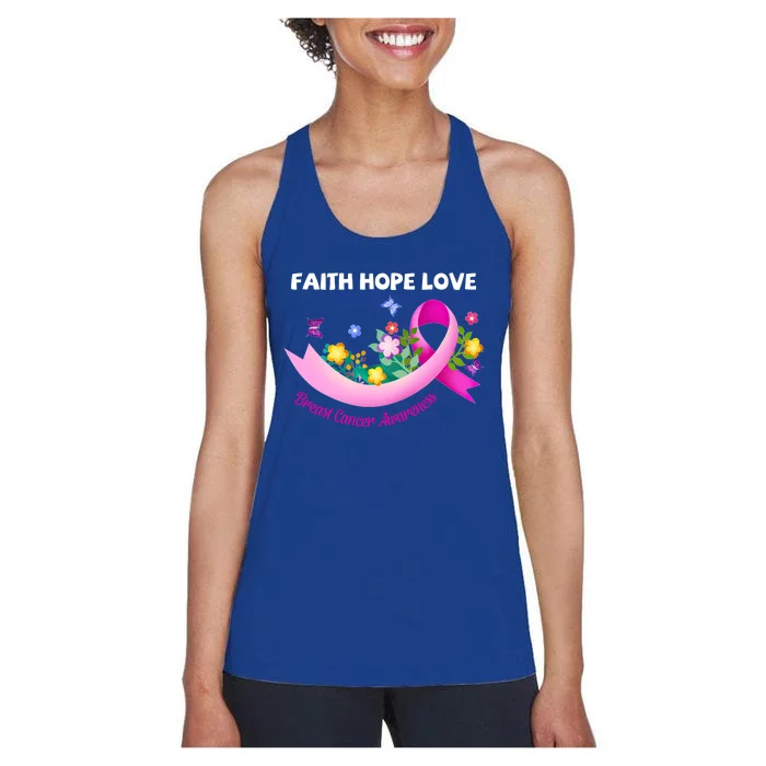 Faith Hope Love Flower Pink Ribbon Breast Cancer Gift Cute Gift Women's Racerback Tank