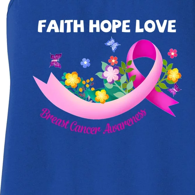 Faith Hope Love Flower Pink Ribbon Breast Cancer Gift Cute Gift Women's Racerback Tank