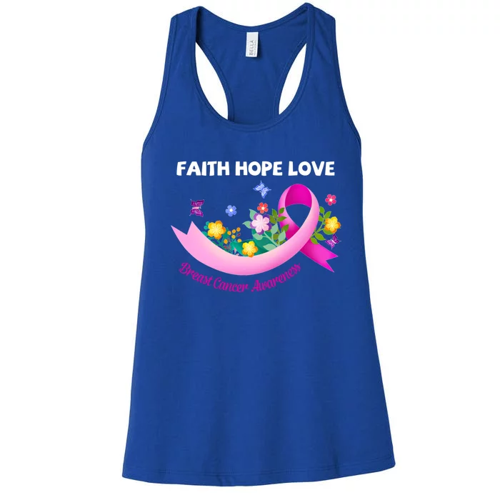 Faith Hope Love Flower Pink Ribbon Breast Cancer Gift Cute Gift Women's Racerback Tank