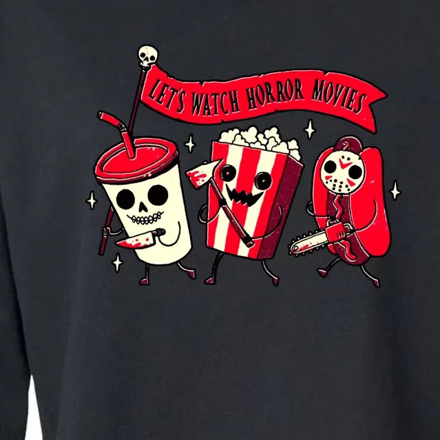 Funny Halloween Let's Watch Horror Movies Theater Food Cropped Pullover Crew