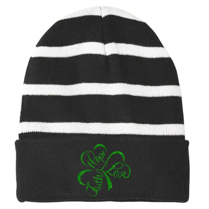 Faith Hope Love Christian St. PatrickS Day Shamrock Clover Striped Beanie with Solid Band