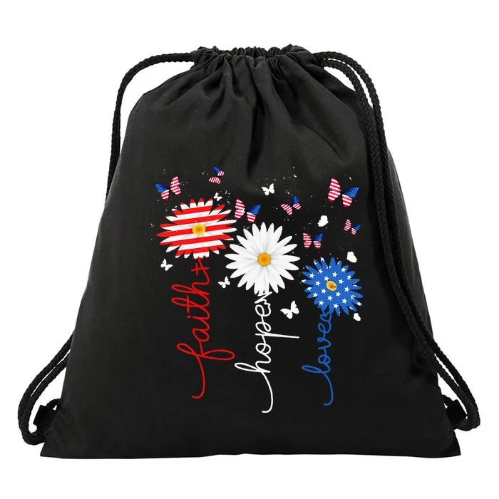 Faith Hope Love Butterfly Daisy 4th Of July Christian Women Drawstring Bag