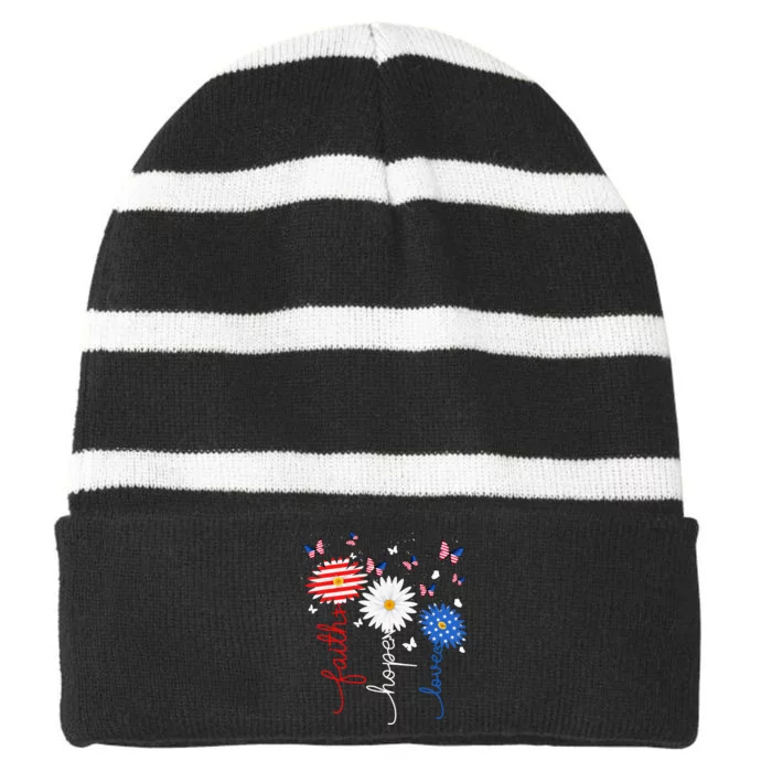 Faith Hope Love Butterfly Daisy 4th Of July Christian Women Striped Beanie with Solid Band