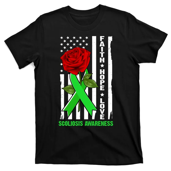 Faith Hope Love Scoliosis Awareness USA Rose Flag T-Shirt